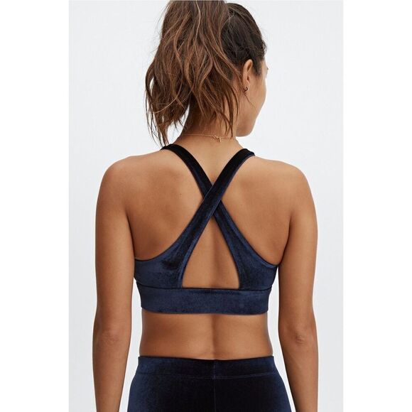 Fabletics Oasis Twist Velour Sports Bra In Deep Navy - Picture 2 of 10